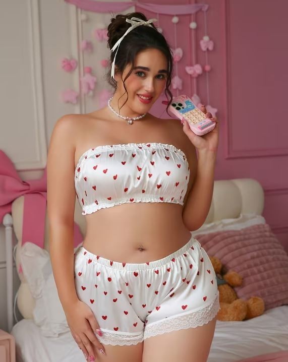 Satin Heart Print Lingerie Set Bandeau Bra Shorts Lace silky plus size 4XL 24-26
