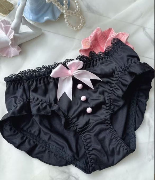 Blac Satin Frilly Knickers Lace Trim Bow Detail buttons detail size 2XL 14-16-18