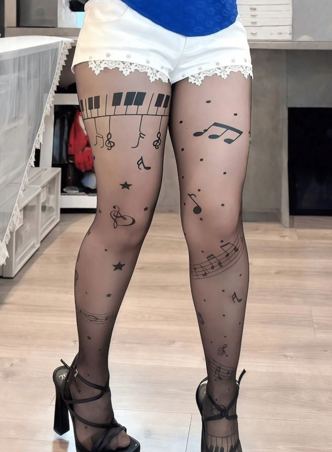 Black fake tattoo Piano Print Sexy tights Suitable For music lovers one size