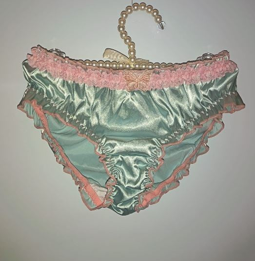Women’s mint green Satin knickers pink Lace Trim silky feel panties size L 12-14
