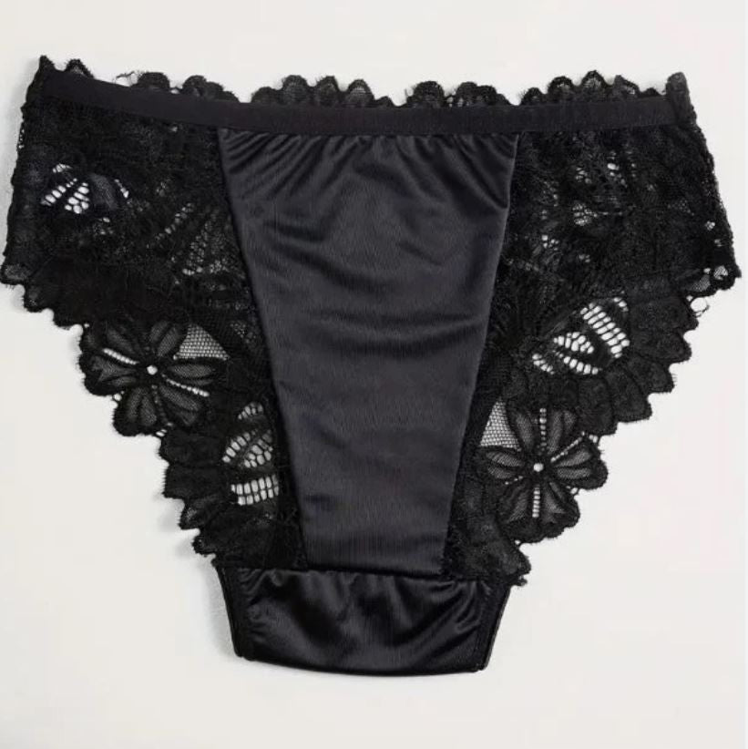 Women elegant black lace satin panties lace trim briefs satin knickers size S 8