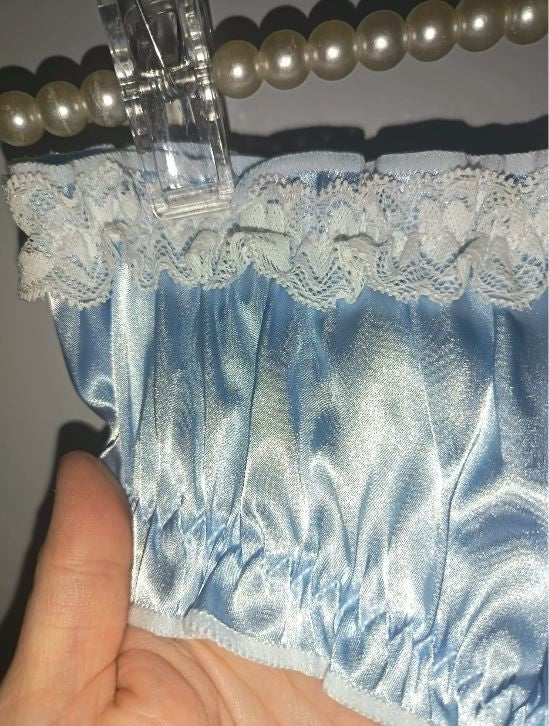 Women’s Blue Satin knickers white Lace Trim silky feel panties size S 8