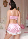Pink Satin Frilly Lingerie Set Lace Trim Shorts Bralette silky size L UK 12-14