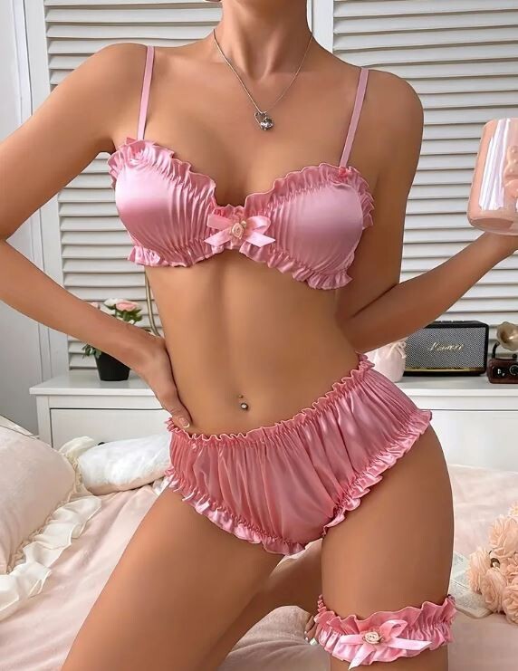3-piece set satin bra knickers & garter sexy design sissy Pink Black Or White