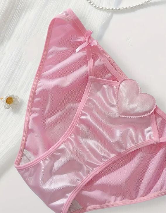 Women's Pink Heart-Embellished Panties silky feel satin knickers unisex sissy
