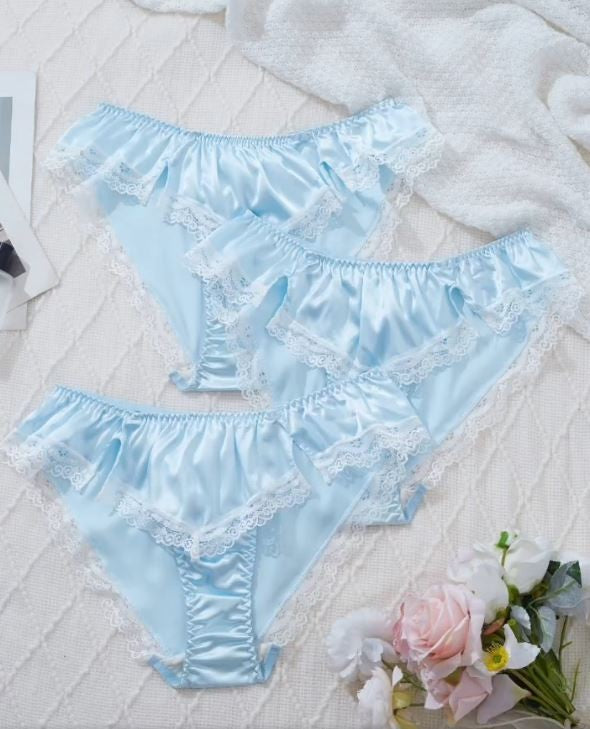 1x Womens stunning silky feel blue satin French panties lace trim sissy glossy