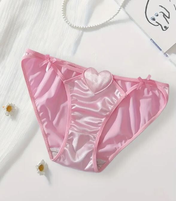Women's Pink Heart-Embellished Panties silky feel satin knickers unisex sissy