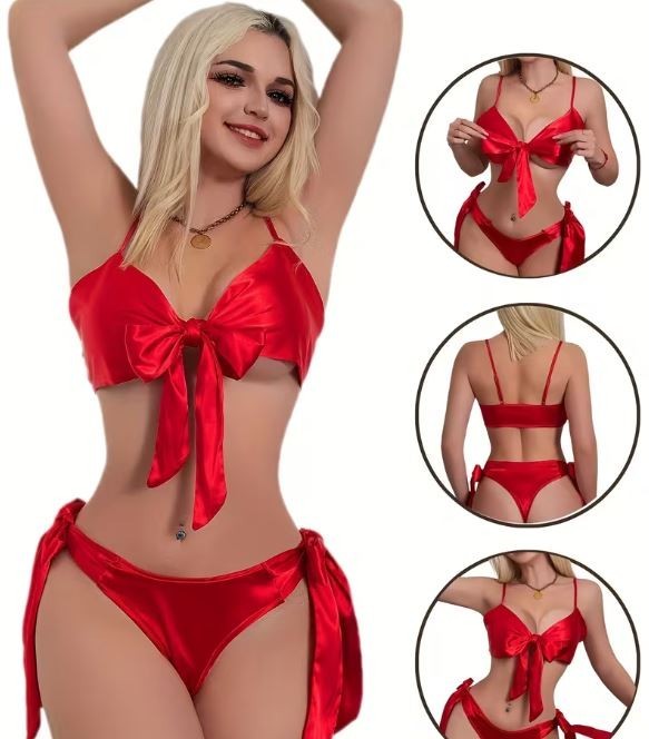 Red Satin Lingerie Set Bow Tie Bralette & Knickers Strappy Bikini style size S 8