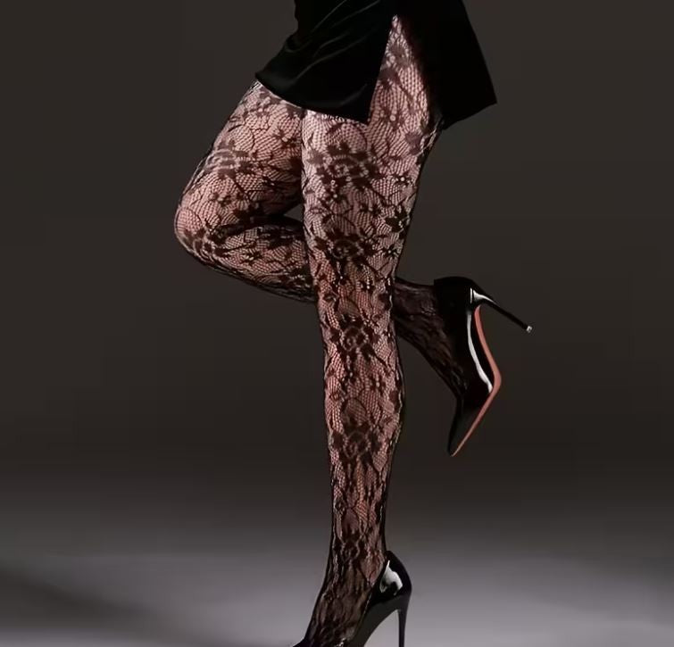 🖤 Elegant Floral Lace Tights – Sheer Patterned Pantyhose 🖤 one size sissy