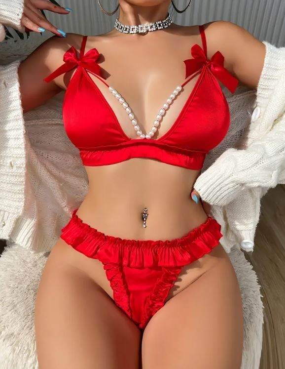 Women two piece red set soft silky feel satin beaded bra and knickers sissy M 10