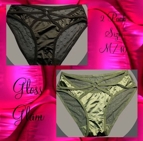 2x satin silky feel knickers mesh back panties black & khaki sissy size M /UK 10