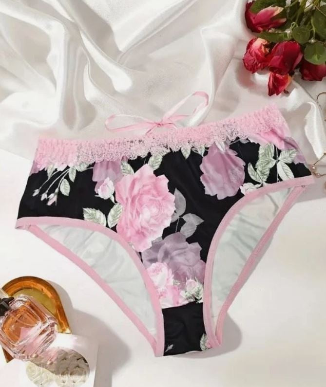 Floral Lace Up satin black Pink Trim Lingerie silky feel panties size XL 16-18