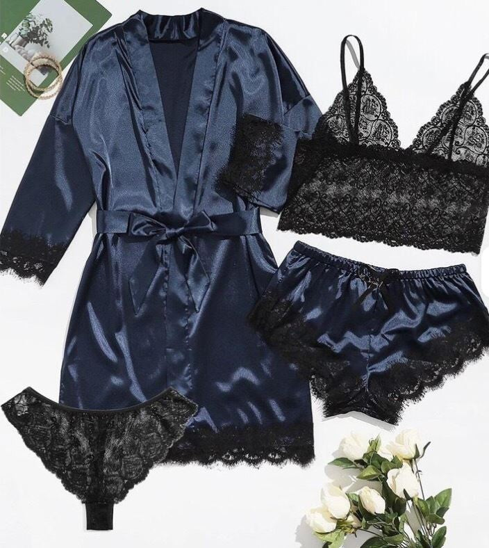 Silky feel navy blue satin black lace trim 4 piece lingerie set size 24-26 (3XL)