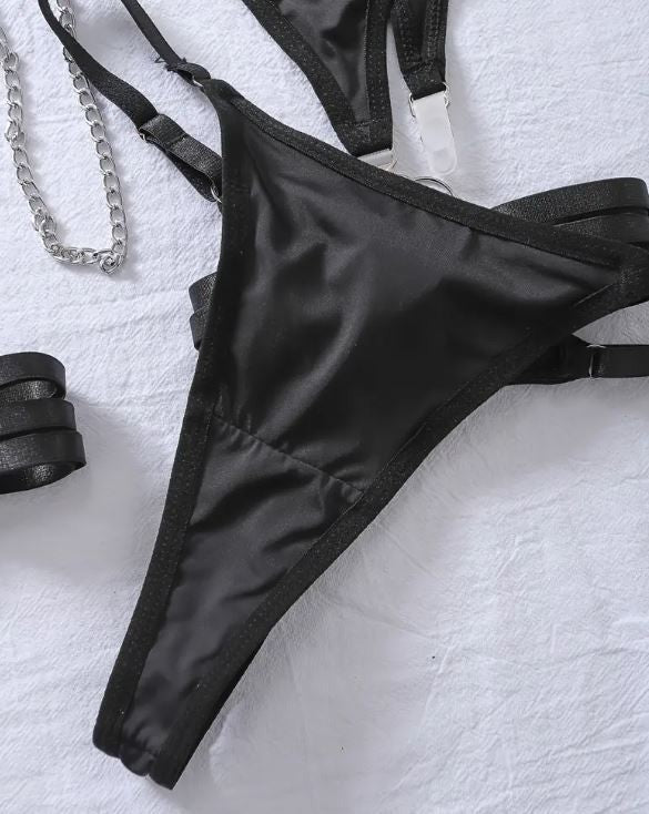HOT! trendy lingerie 5-piece set soft silky feel satin chain detail women sissy