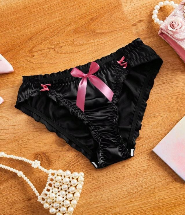 Black soft silky feel satin panties knickers sissy pink bow size 16-18 (XL)