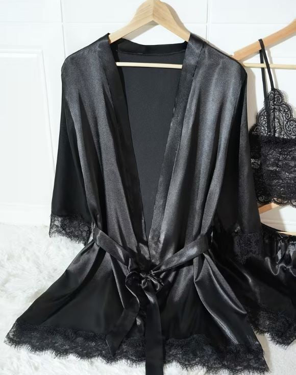 Silky feel black satin black lace trim 4 piece lingerie set size 16/18 (XL)