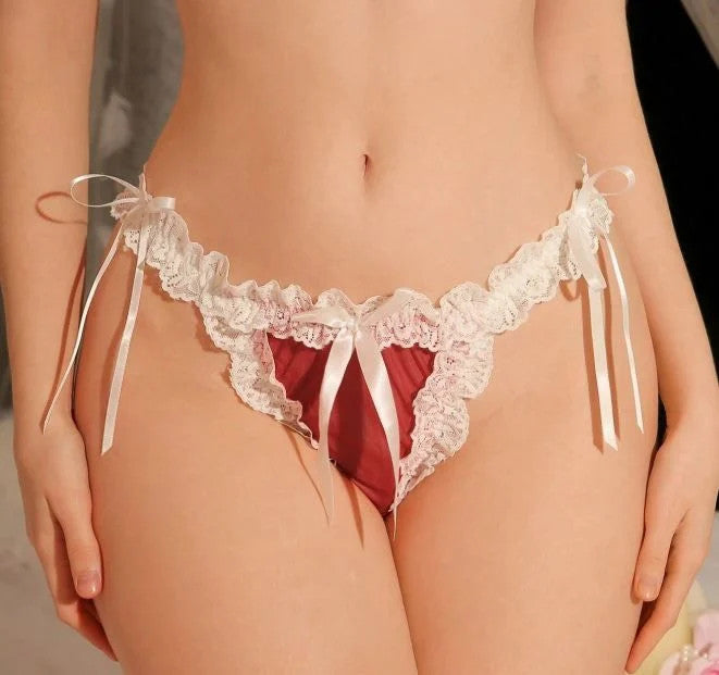 Semi-Sheer mesh panties tanga knickers Red frilly lace trim satin bows size S /8
