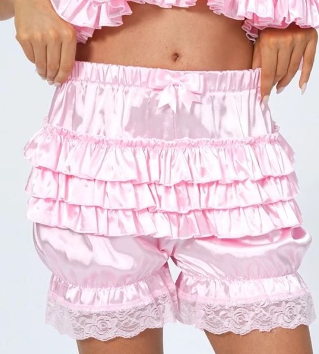 Silky satin bloomers luxury PINK shorts pants ruffled lace sissy size S / UK 8