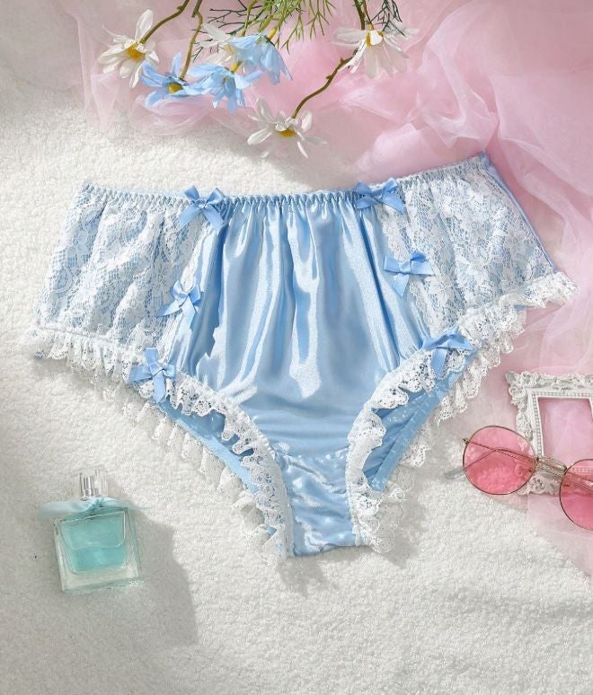 Women's knickers blue soft silky feel satin lace bow detail full coverage sissy