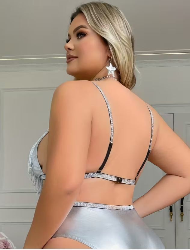 PVC feel Silver Fringe Lingerie Set Women Tassel Bra knickers Plus Size 2XL 20