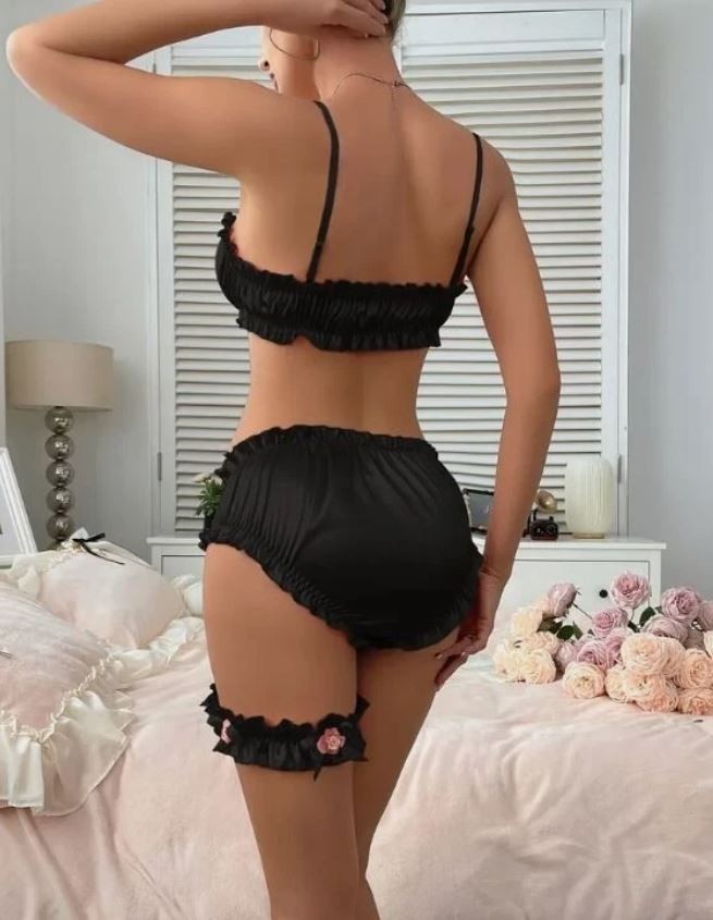 Women Black Satin Frilly Lingerie Set Bra & Panties Ruffle Garter size M UK 10