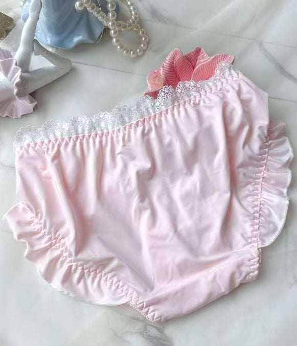 Pink Satin Frilly Knickers Lace Trim Bow Detail buttons detail size L 10-12