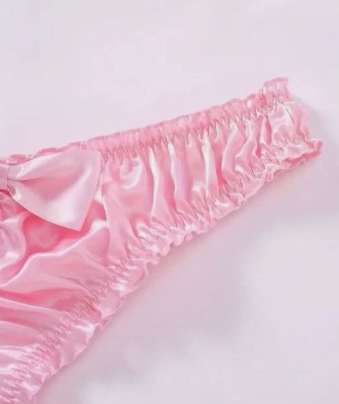 Women Pink Satin Thong Knickers silky feel with Ruched bum Detail & Bow size S 8