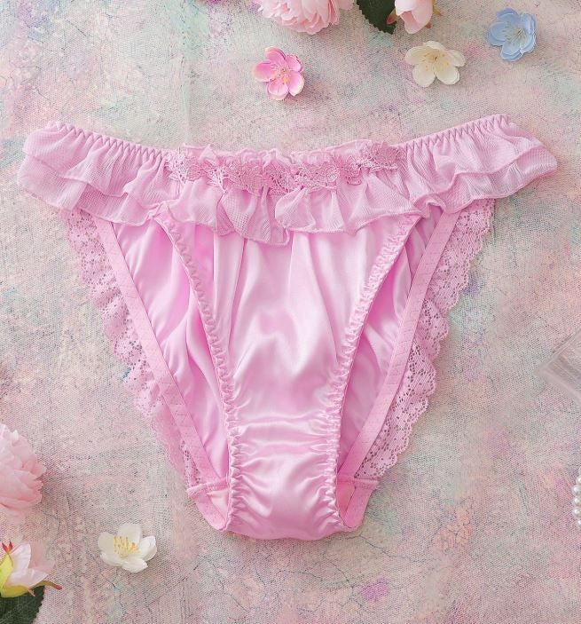 Silky Satin Frilly Tanga Knickers Briefs Panties pink lace trim size 16-18 / XL