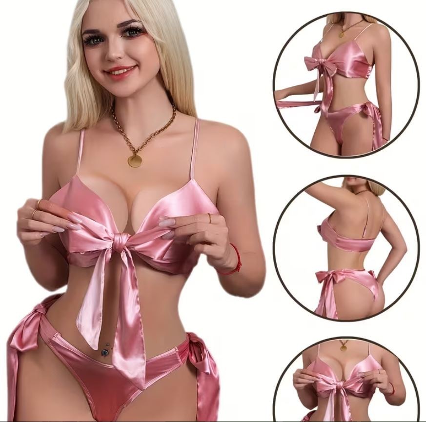 Pink Satin Lingerie Set Bow Tie Bralette Knickers Strappy Bikini style size M 10