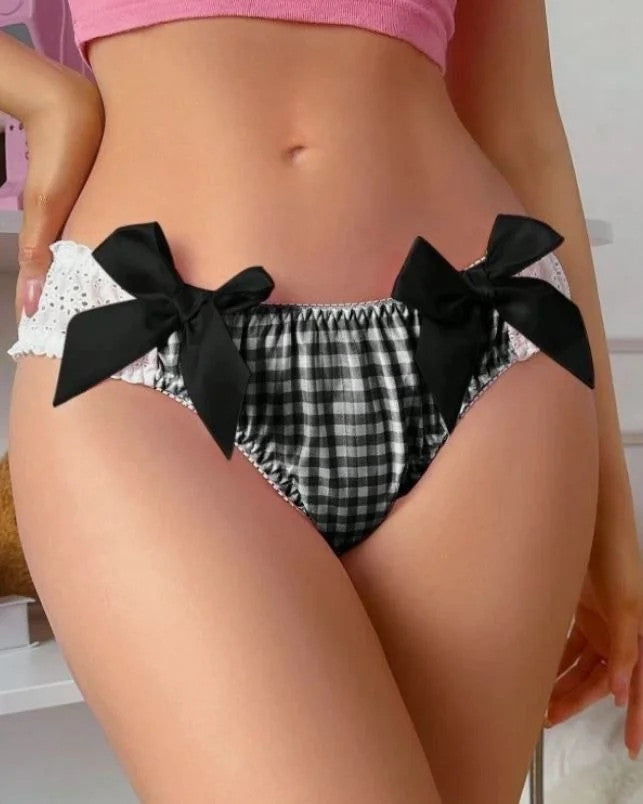 Women's black Gingham Bikini Panties Bow Lace Trim sissy unisex size M UK 10