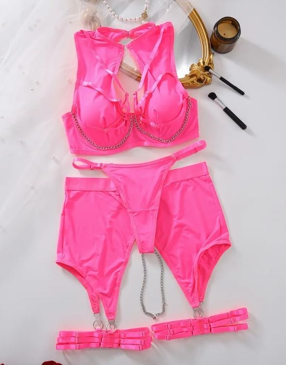 HOT! trendy lingerie 5-piece set soft silky feel satin chain detail women sissy