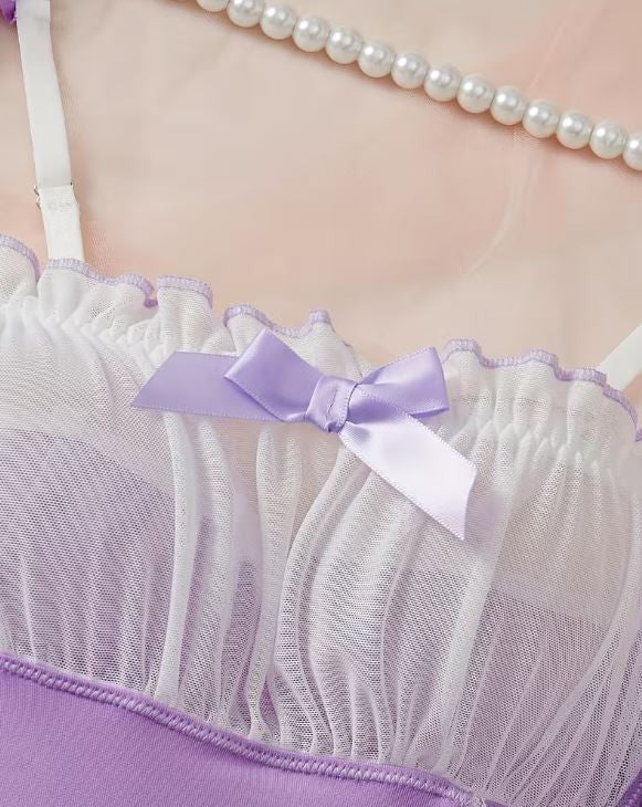 Women’s Lilac Satin Babydoll Nightdress Lace Trim Bow Chemise Lingerie size S 8