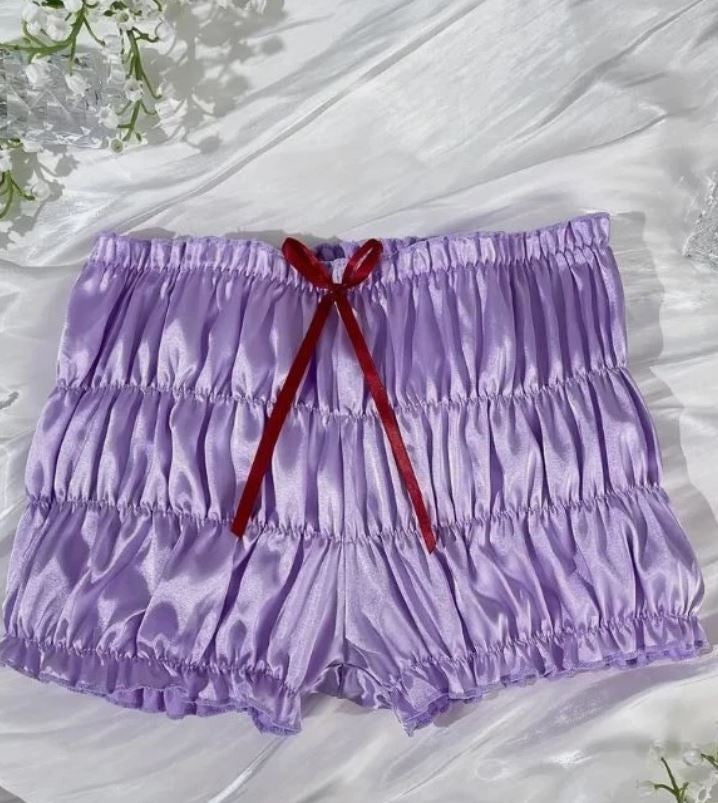 Ruched lilac satin knickers silky feel soft lettuce trim bow sissy size 8 S