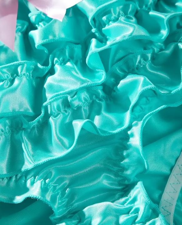 Women's silky feel knickers satin turquoise panties ruffles bow size 8 small