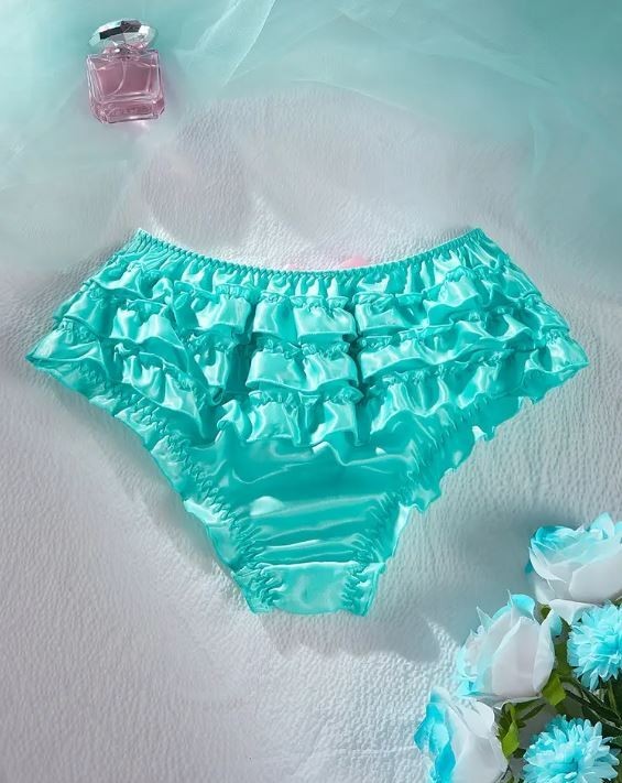 Women's silky feel knickers satin turquoise panties ruffles bow size 10 M