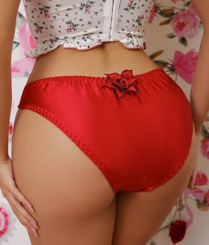 Woman's red panties floral 3D rose detail soft silky feel satin sissy CD TV