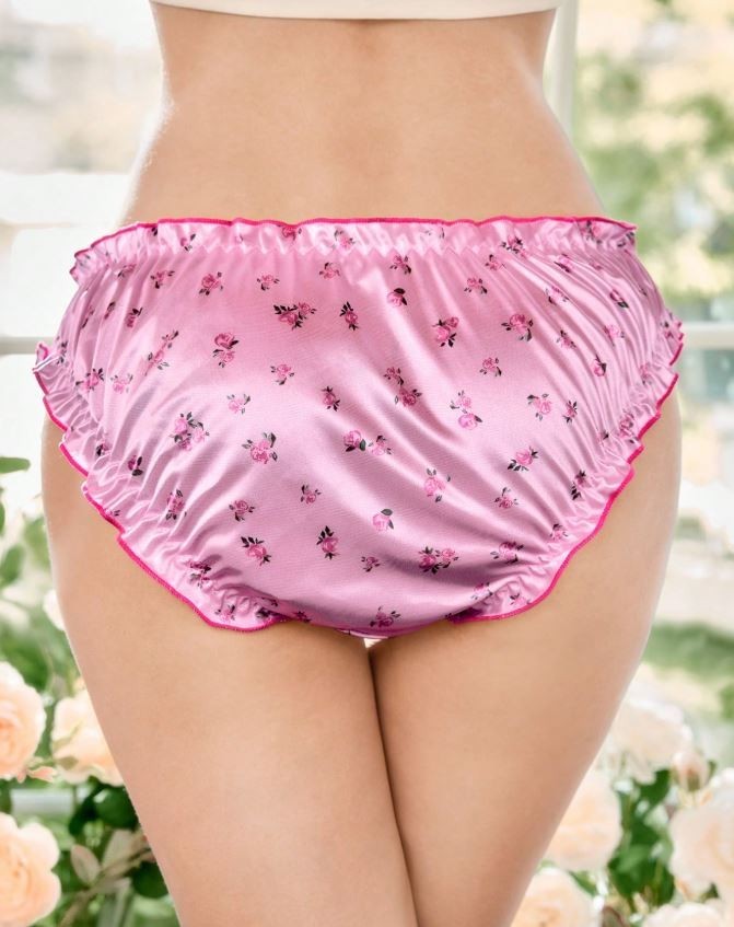 Women's floral print pink silky feel satin bows décor panties sissy size 8 (S)