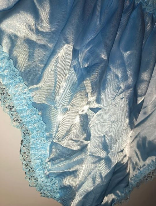 Baby blue Satin Frilly Knickers Lace Trim Vintage Style panties size S 8