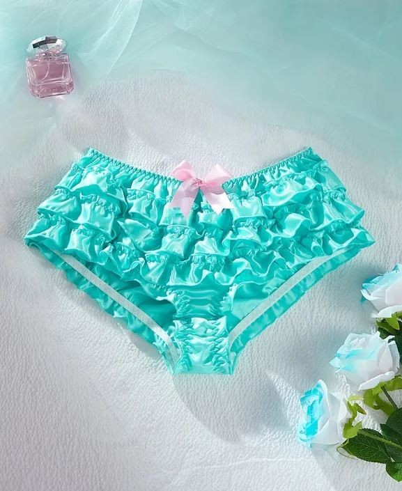 Women's silky feel knickers satin turquoise panties ruffles bow size 8 small