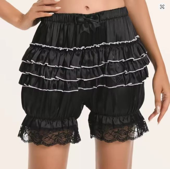 Silky satin bloomers black shorts pants ruffled lace trim sissy size M / UK 10