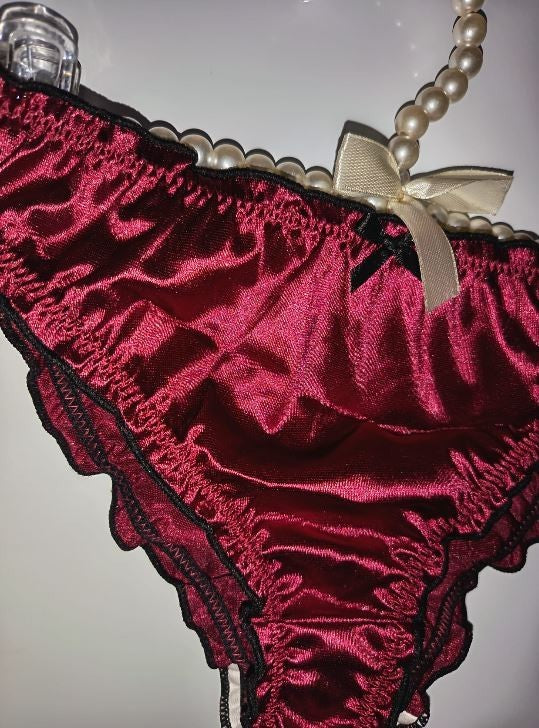Ladies burgundy Satin Frilly Knickers Shiny Silky Panties sissy size M 10