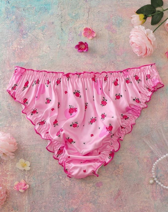 Pink Satin Ruffle silky feel Panties Floral Lingerie Briefs plus size 16-18 XL