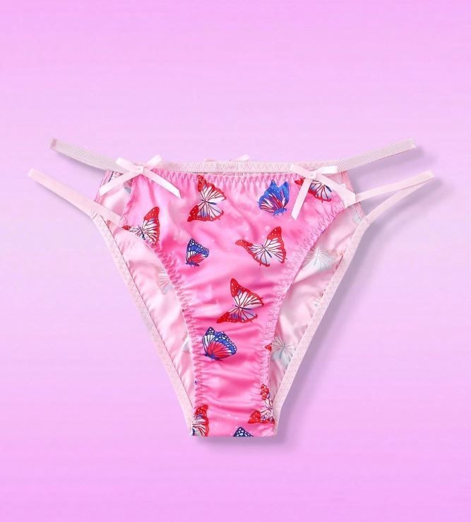 Women's pink soft silky feel satin panties tangas butterflies print size 10 (M)