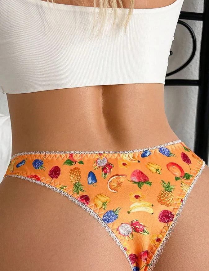 Orange soft silky feel satin panties thongs tropical fruits print size 12-14 (L)