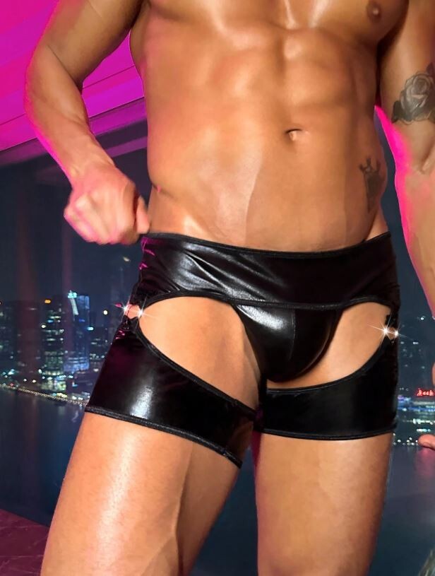 Stunning design men's black faux leather thongs & garter all in one sissy XL
