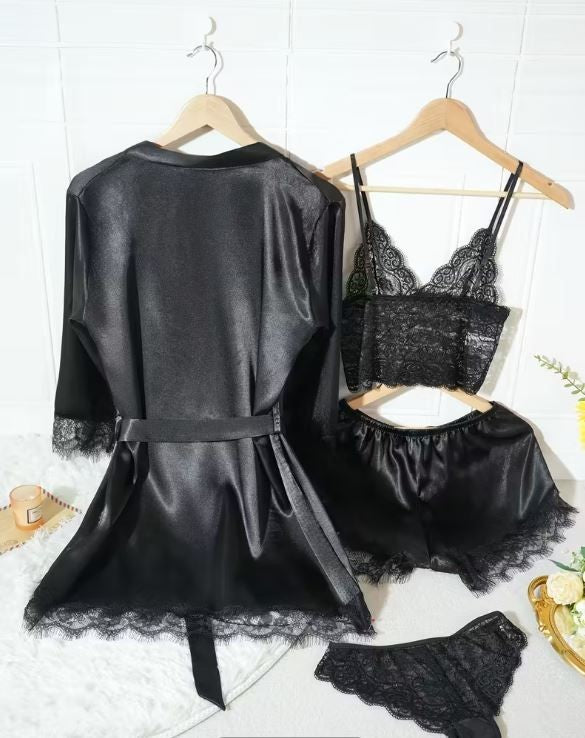 Silky feel black satin black lace trim 4 piece lingerie set size 8 (S)