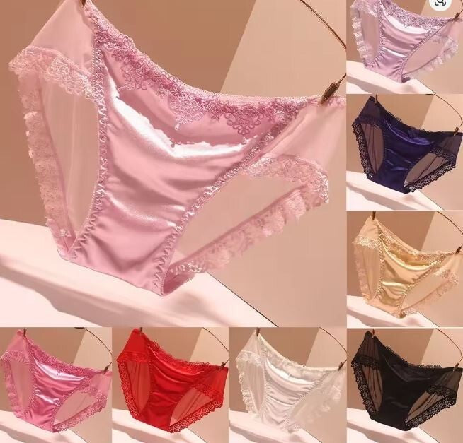 Stunning feminine silky feel satin knickers seamless embroidered lace back sissy
