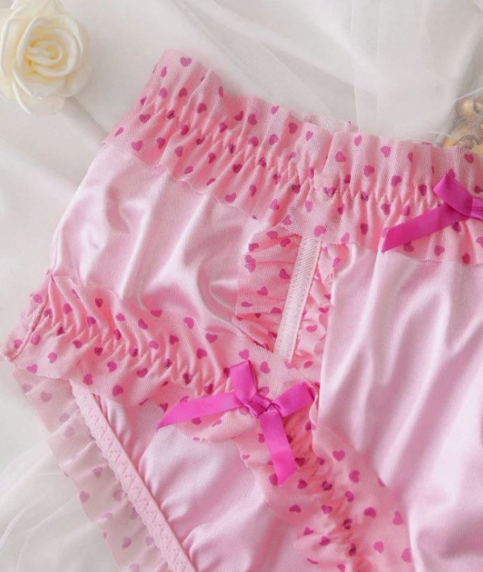 Pink Satin Ruffle Bloomers knickers Coquette Heart Mesh Bow Panties size S 8