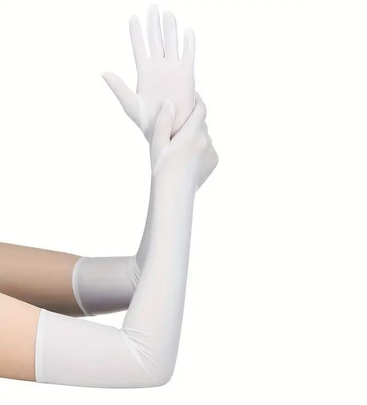 Silky feel satin gloves cosplay long WHITE stretchy 53cm unisex any occasion
