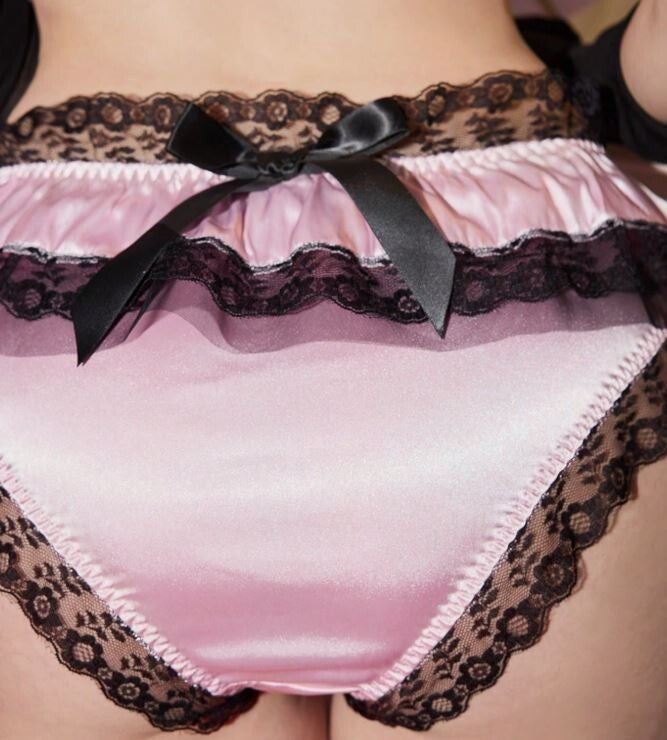 Women's stunning silky feel satin pink panties bow lace frill detail sissy CD TV